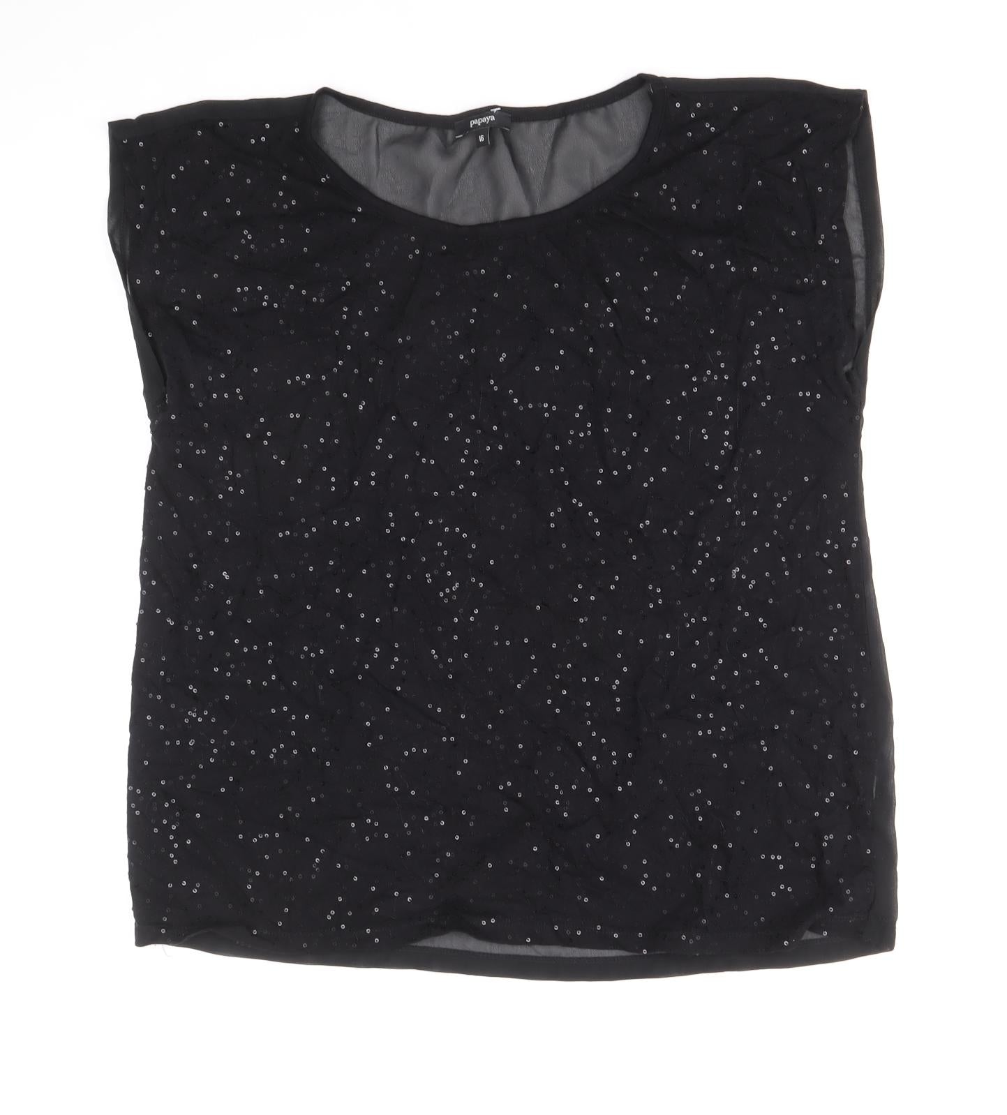 Papaya Womens Black Polyester Basic T-Shirt Size 16 Round Neck