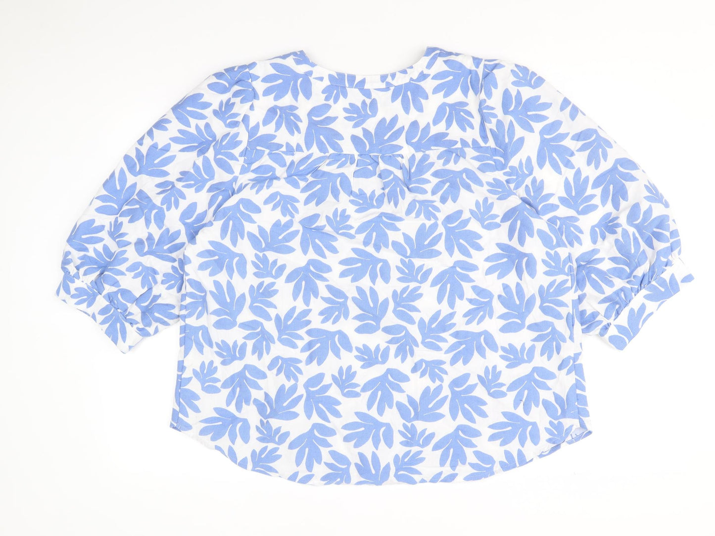 Marks and Spencer Womens Blue Geometric Cotton Basic Blouse Size 16 V-Neck - Leaf Print