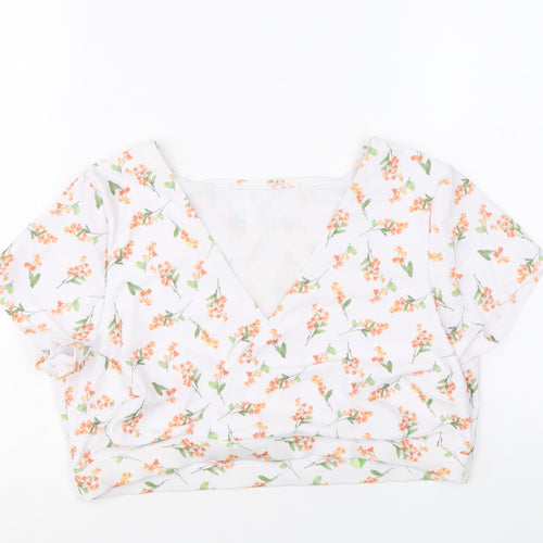 Peek & Beau Womens White Floral Polyester Cropped Blouse Size 18 V-Neck