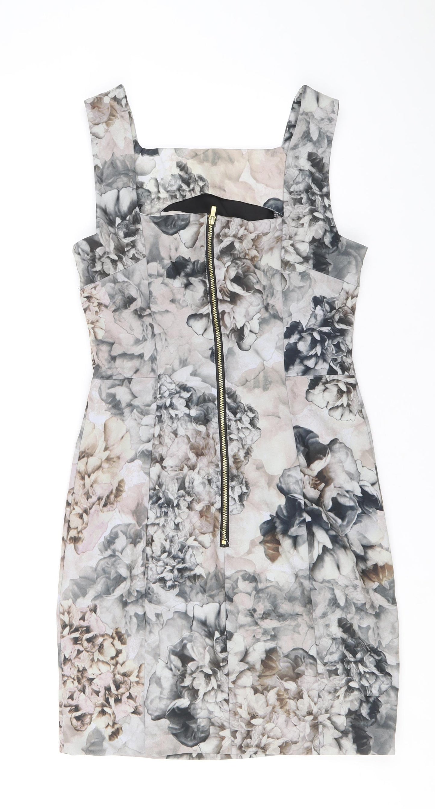 H&M Womens Grey Geometric Polyacrylate Fibre Shift Size 10 Square Neck Zip