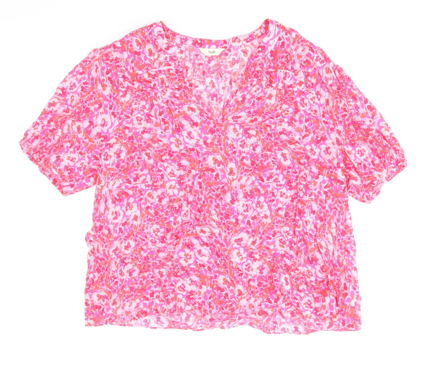 Hush Womens Pink Floral Cotton Basic Blouse Size 16 V-Neck