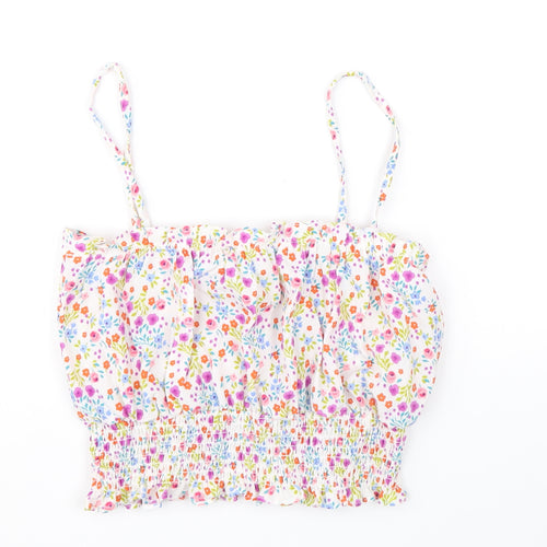 Topshop Womens Multicoloured Floral Polyester Cropped Tank Size 8 Square Neck - Shirred Waist