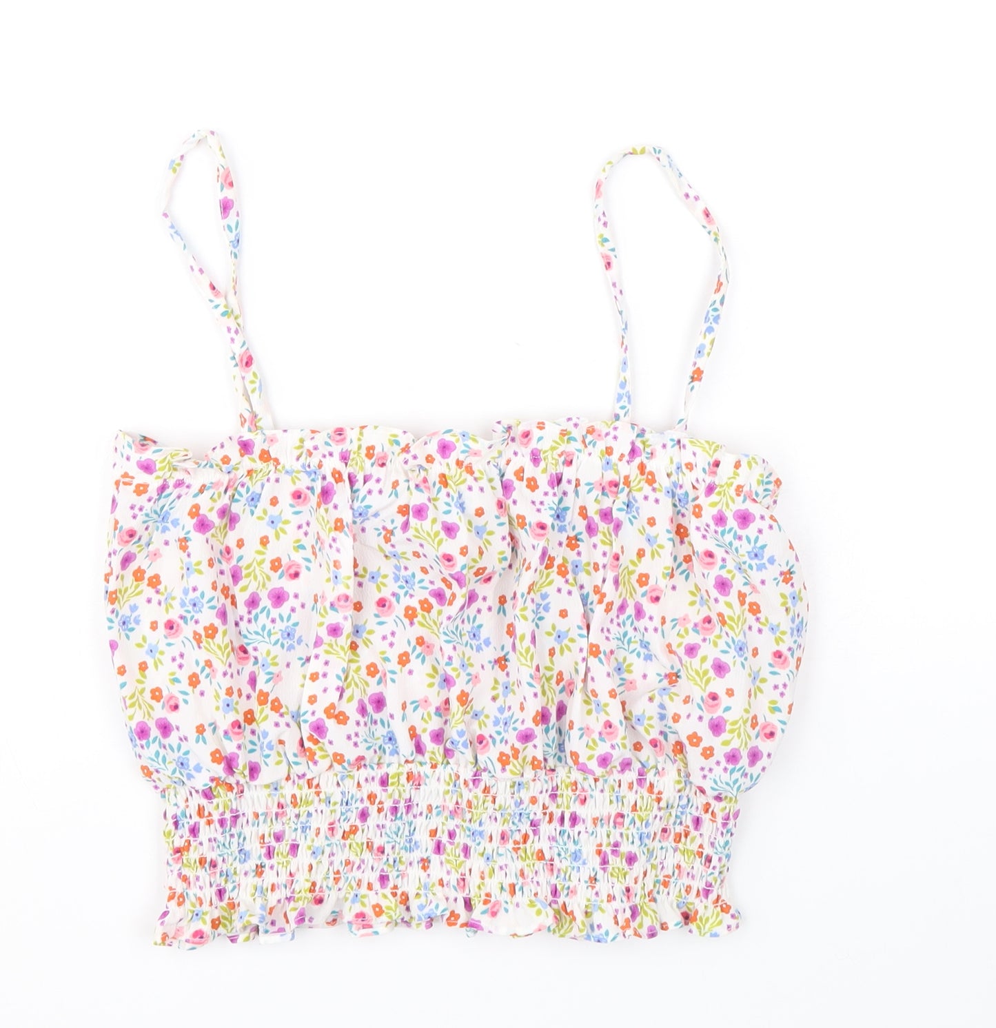 Topshop Womens Multicoloured Floral Polyester Cropped Tank Size 8 Square Neck - Shirred Waist