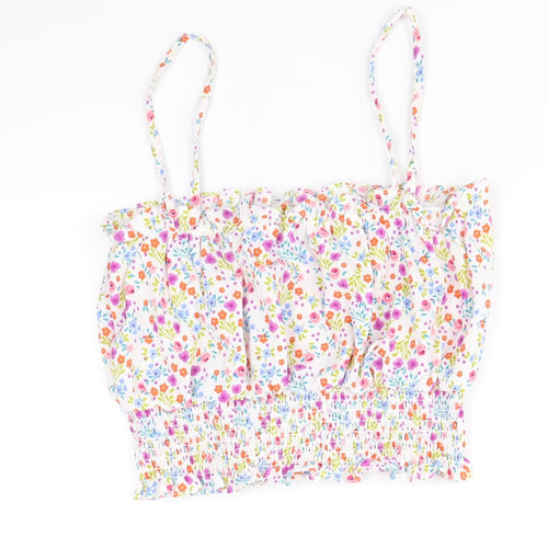 Topshop Womens Multicoloured Floral Polyester Cropped Tank Size 8 Square Neck - Shirred Waist