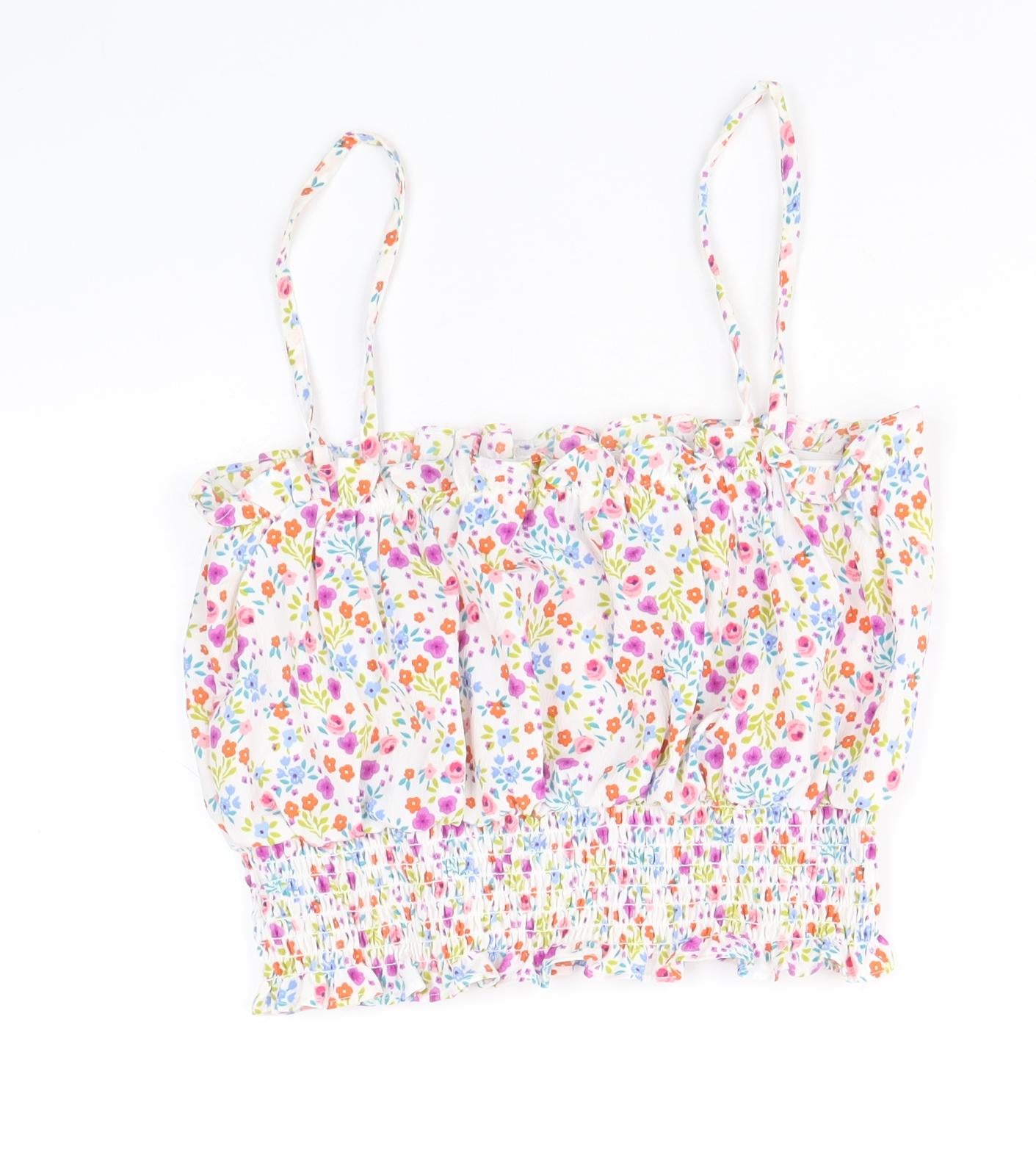 Topshop Womens Multicoloured Floral Polyester Cropped Tank Size 8 Square Neck - Shirred Waist