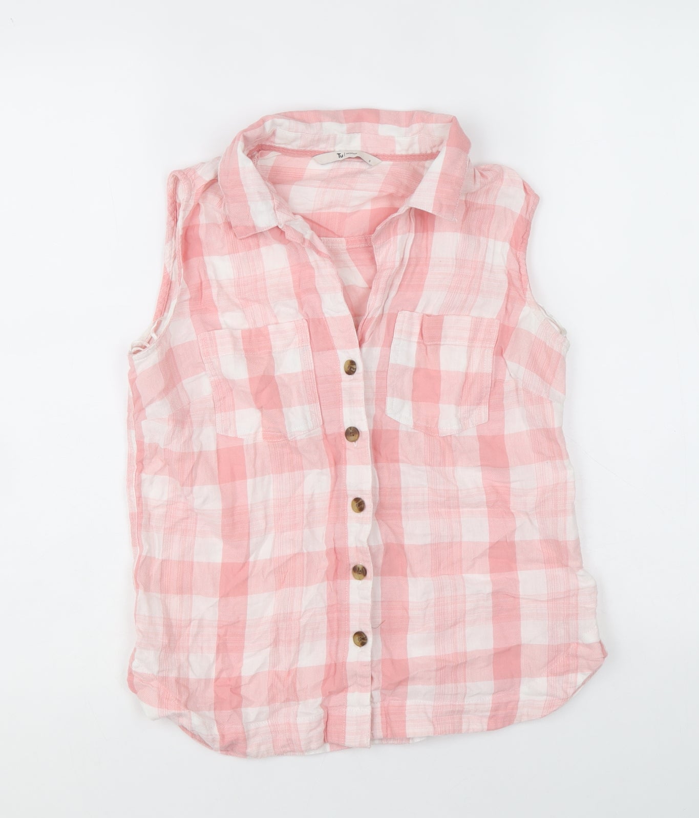 TU Womens Pink Check 100% Cotton Basic Button-Up Size 8 Collared
