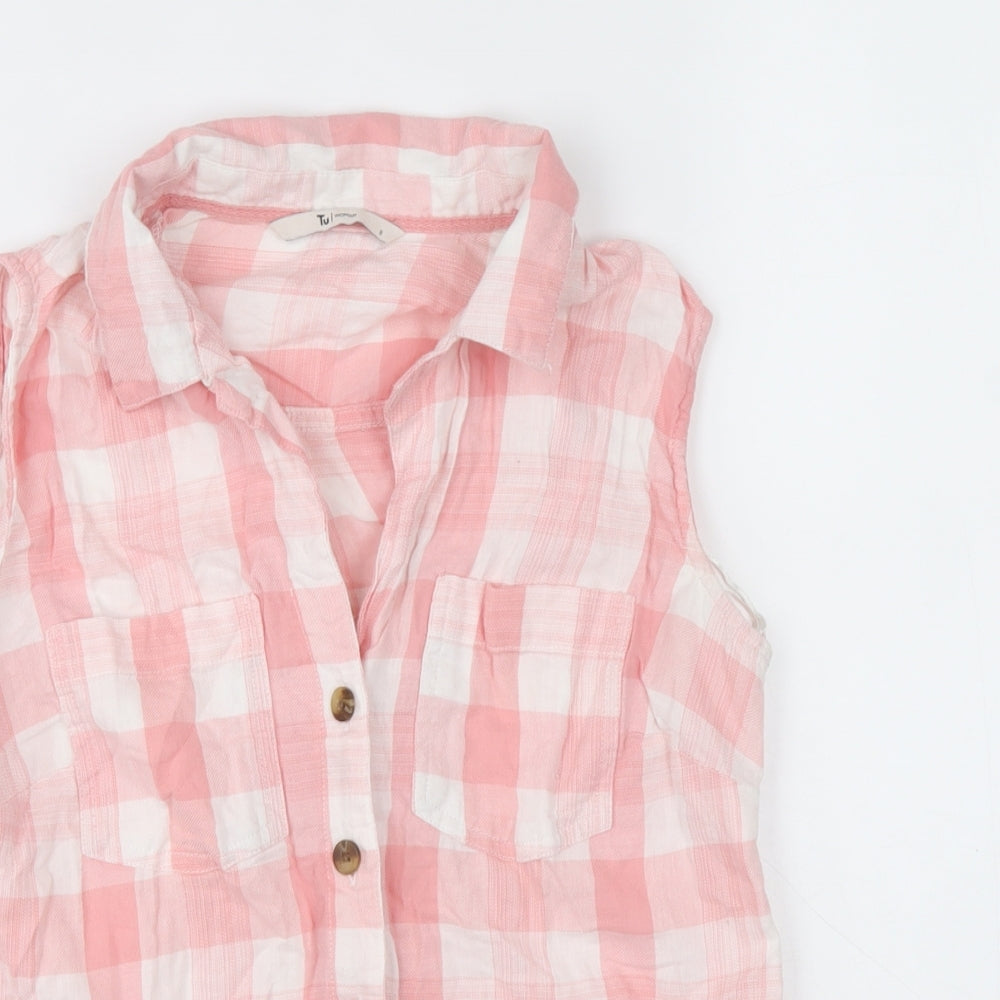 TU Womens Pink Check 100% Cotton Basic Button-Up Size 8 Collared