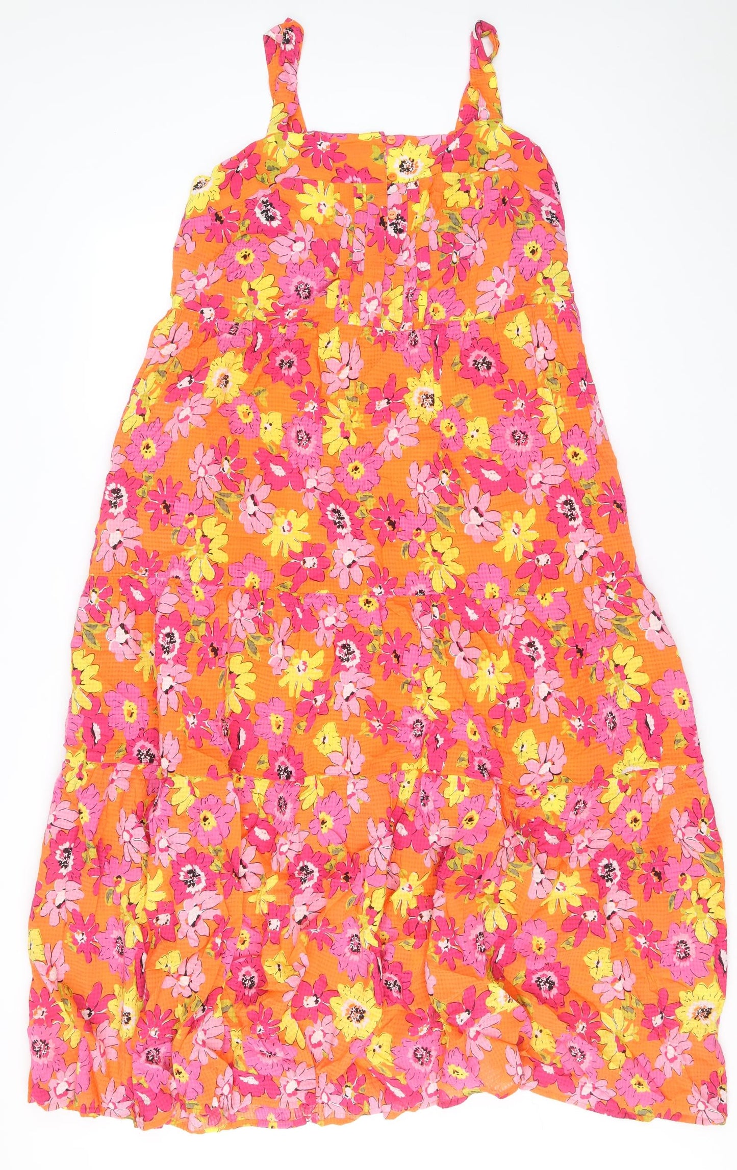 Marks and Spencer Womens Orange Floral Viscose A-Line Size 14 Square Neck Button
