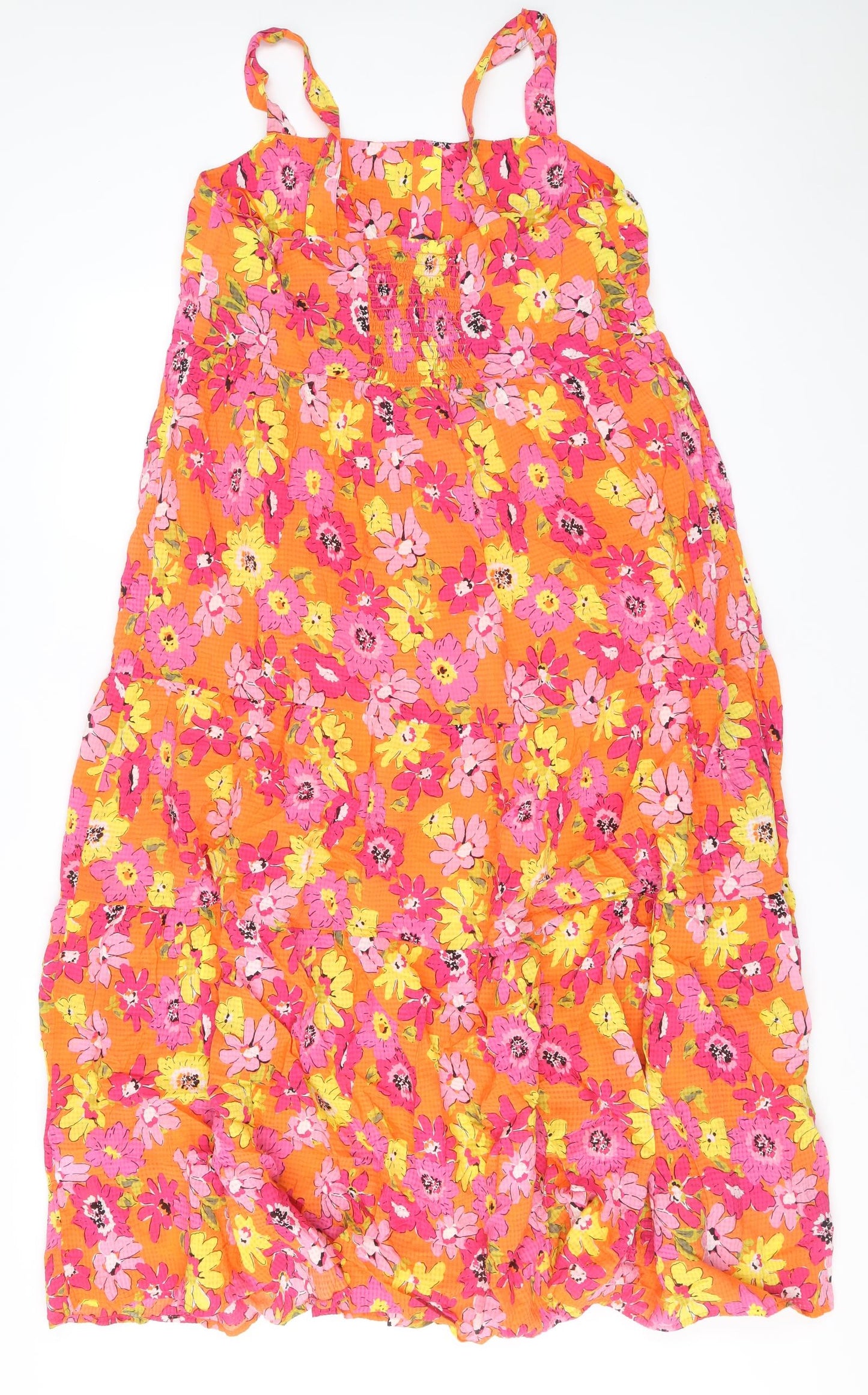 Marks and Spencer Womens Orange Floral Viscose A-Line Size 14 Square Neck Button