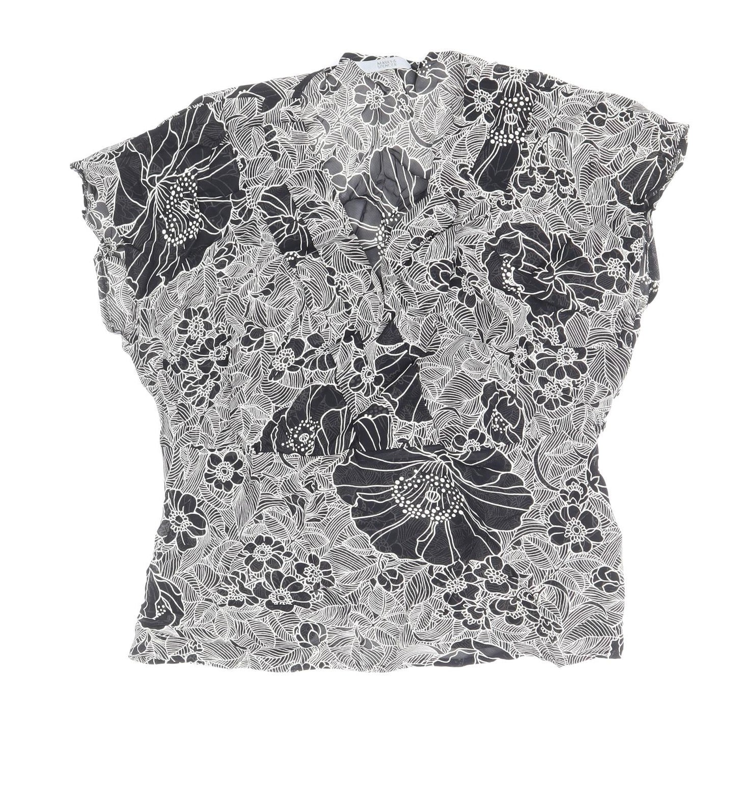 Marks and Spencer Womens Black Floral Viscose Basic Blouse Size 14 V-Neck