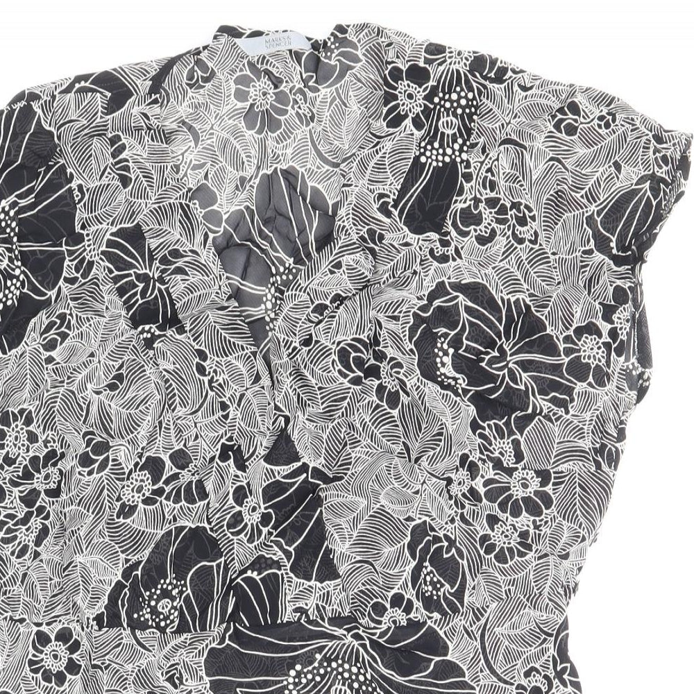 Marks and Spencer Womens Black Floral Viscose Basic Blouse Size 14 V-Neck
