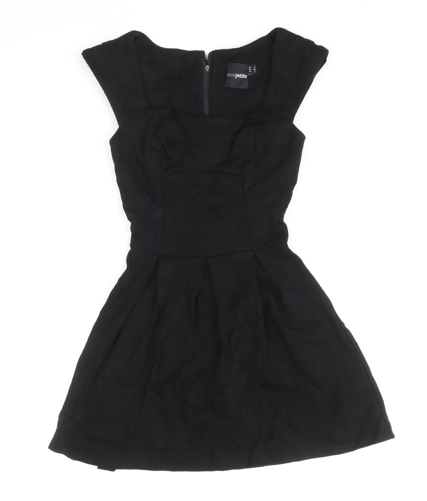ASOS Womens Black Viscose Fit & Flare Size 8 Square Neck Zip