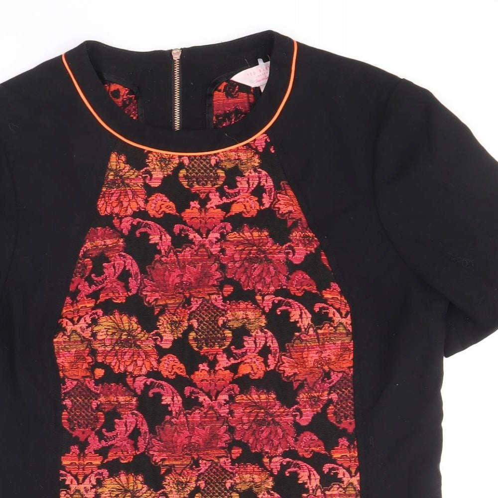 Ted Baker Womens Black Geometric Viscose Basic T-Shirt Size 8 Round Neck