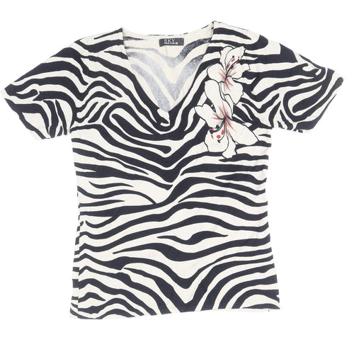 Sky Designs Womens Black Animal Print Viscose Basic T-Shirt Size 8 V-Neck - Zebra Print