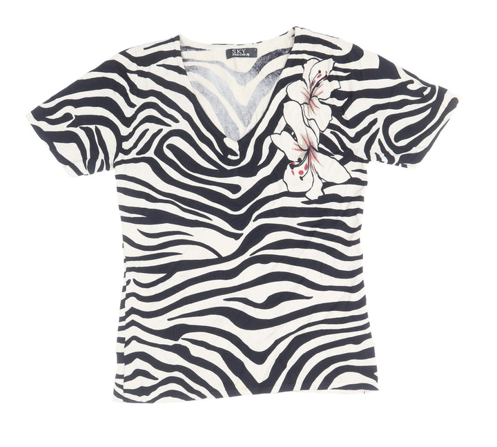 Sky Designs Womens Black Animal Print Viscose Basic T-Shirt Size 8 V-Neck - Zebra Print