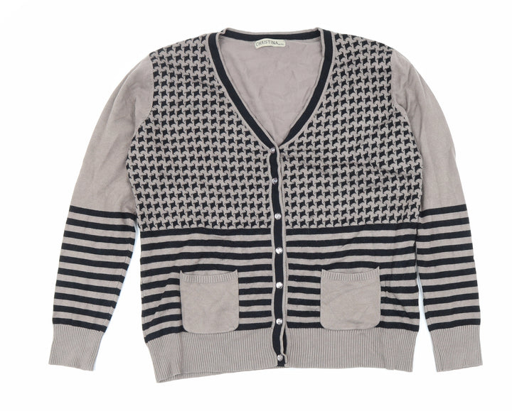 Christina Womens Beige V-Neck Geometric Viscose Cardigan Jumper Size XL