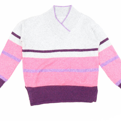 NEXT Womens Grey V-Neck Striped Polyester Pullover Jumper Size S