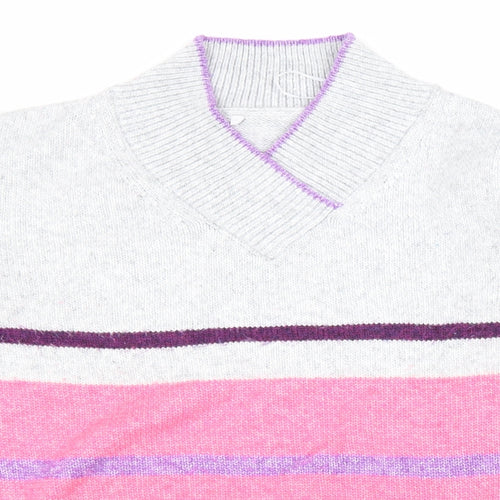 NEXT Womens Grey V-Neck Striped Polyester Pullover Jumper Size S