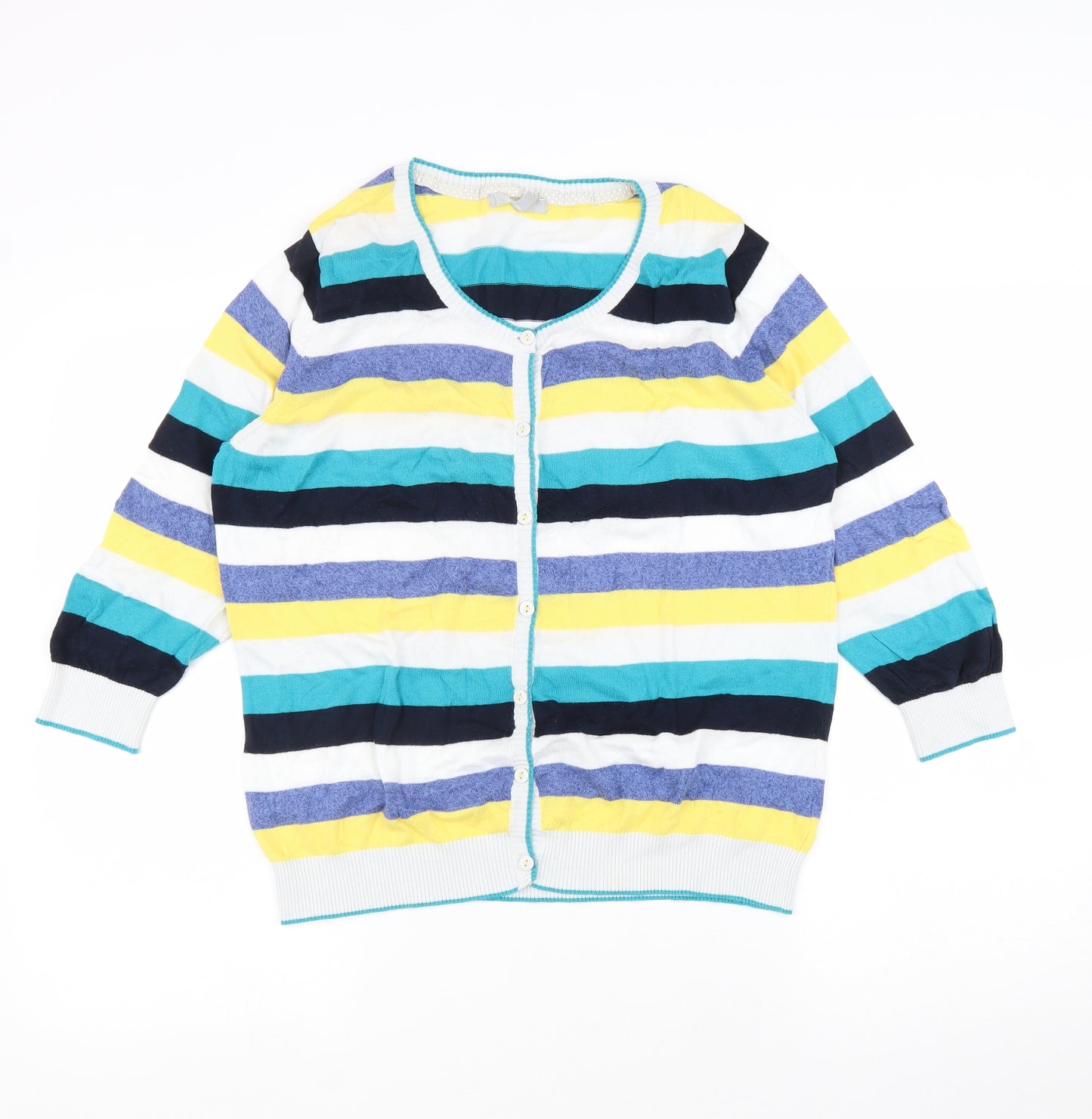 Per Una Womens Multicoloured Scoop Neck Striped 100% Cotton Cardigan Jumper Size 16