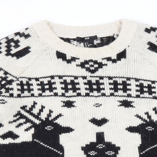 H&M Womens Beige Round Neck Geometric Acrylic Pullover Jumper Size S
