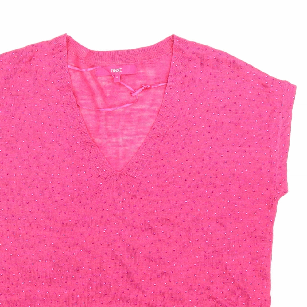 NEXT Womens Pink Acrylic Basic T-Shirt Size 8 V-Neck