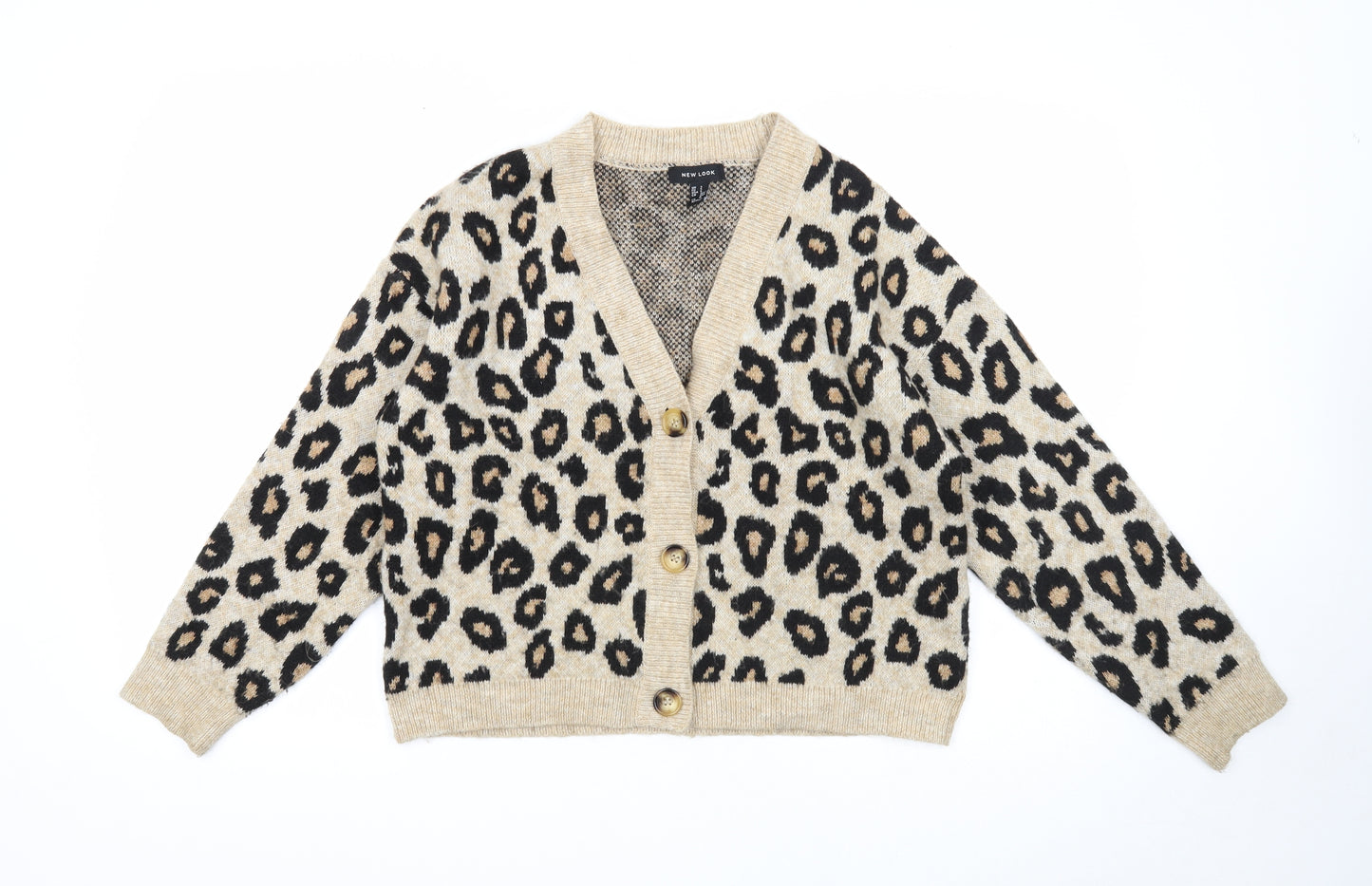 New Look Womens Brown V-Neck Animal Print Acrylic Cardigan Jumper Size S - Leopard Print