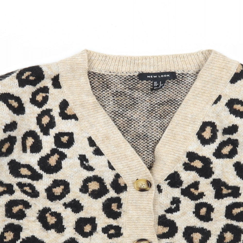 New Look Womens Brown V-Neck Animal Print Acrylic Cardigan Jumper Size S - Leopard Print