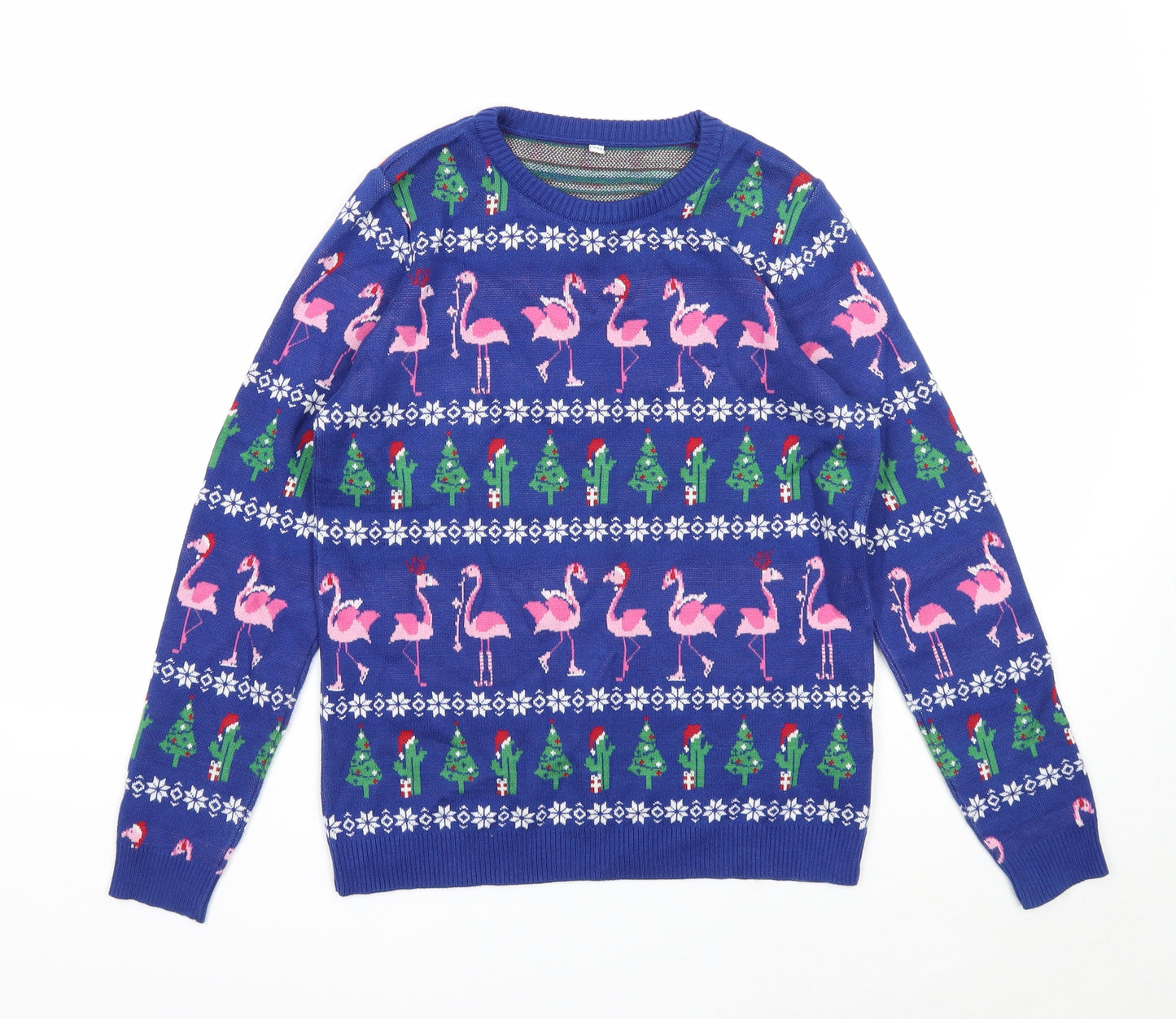 Preworn Boys Blue Round Neck Geometric Cotton Pullover Jumper Size 11-12 Years Pullover - Christmas Flamingos