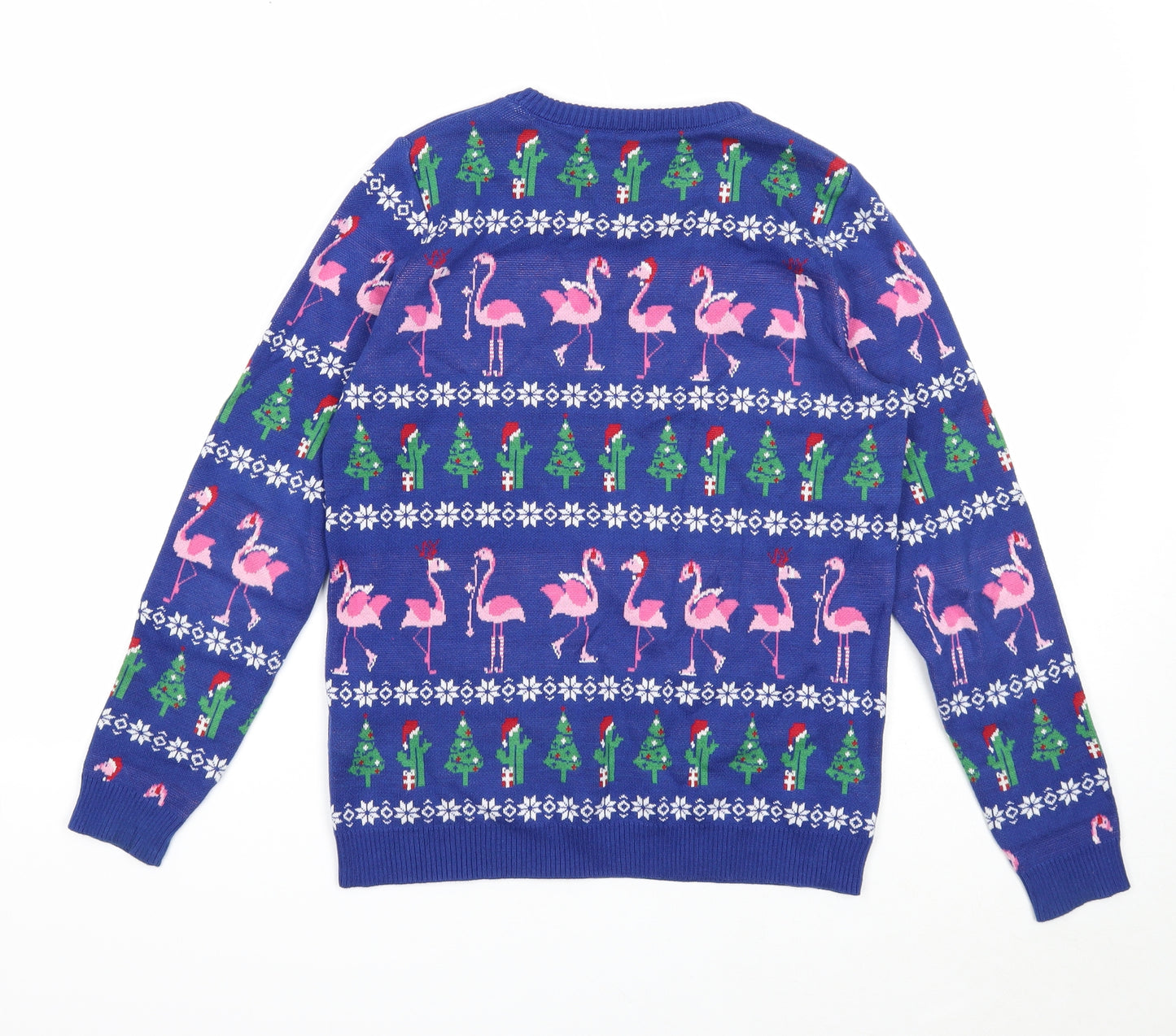Preworn Boys Blue Round Neck Geometric Cotton Pullover Jumper Size 11-12 Years Pullover - Christmas Flamingos