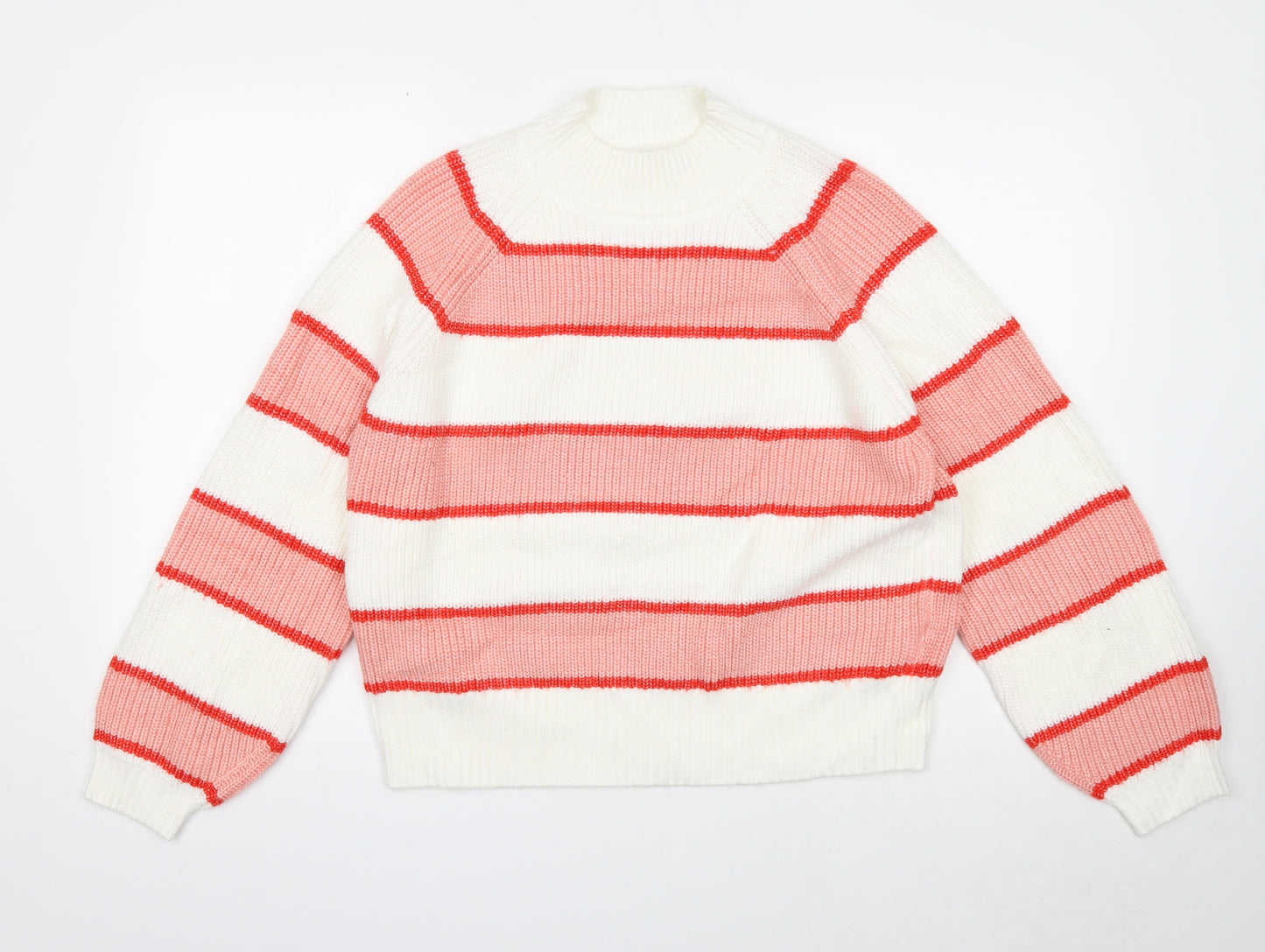 TU Womens White Mock Neck Striped Acrylic Pullover Jumper Size 12