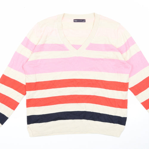 Marks and Spencer Womens Beige V-Neck Striped Acrylic Pullover Jumper Size M