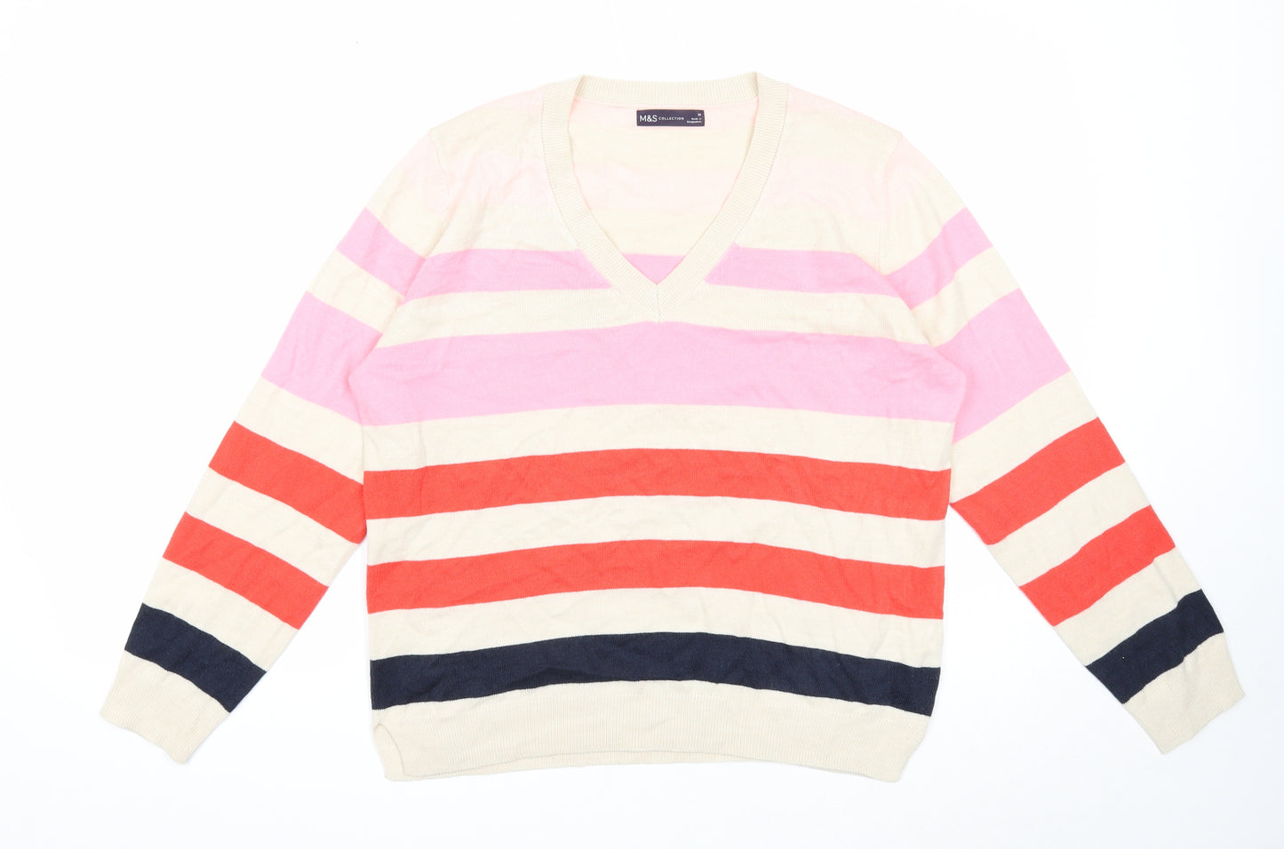 Marks and Spencer Womens Beige V-Neck Striped Acrylic Pullover Jumper Size M