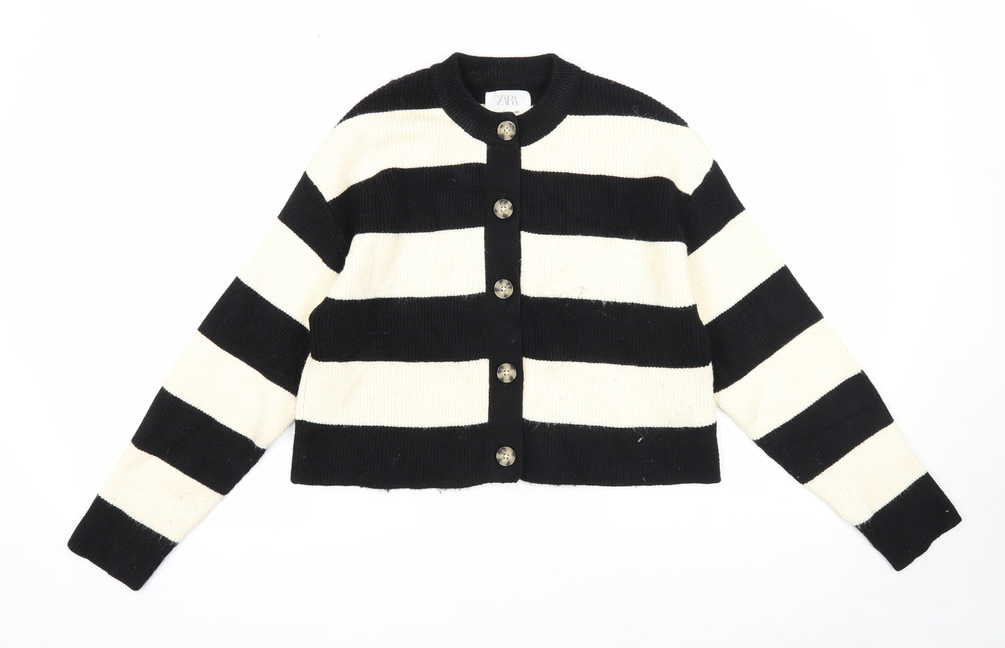 Zara Girls Black Round Neck Striped Viscose Cardigan Jumper Size 13-14 Years Button