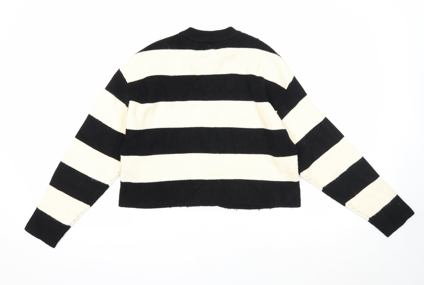 Zara Girls Black Round Neck Striped Viscose Cardigan Jumper Size 13-14 Years Button