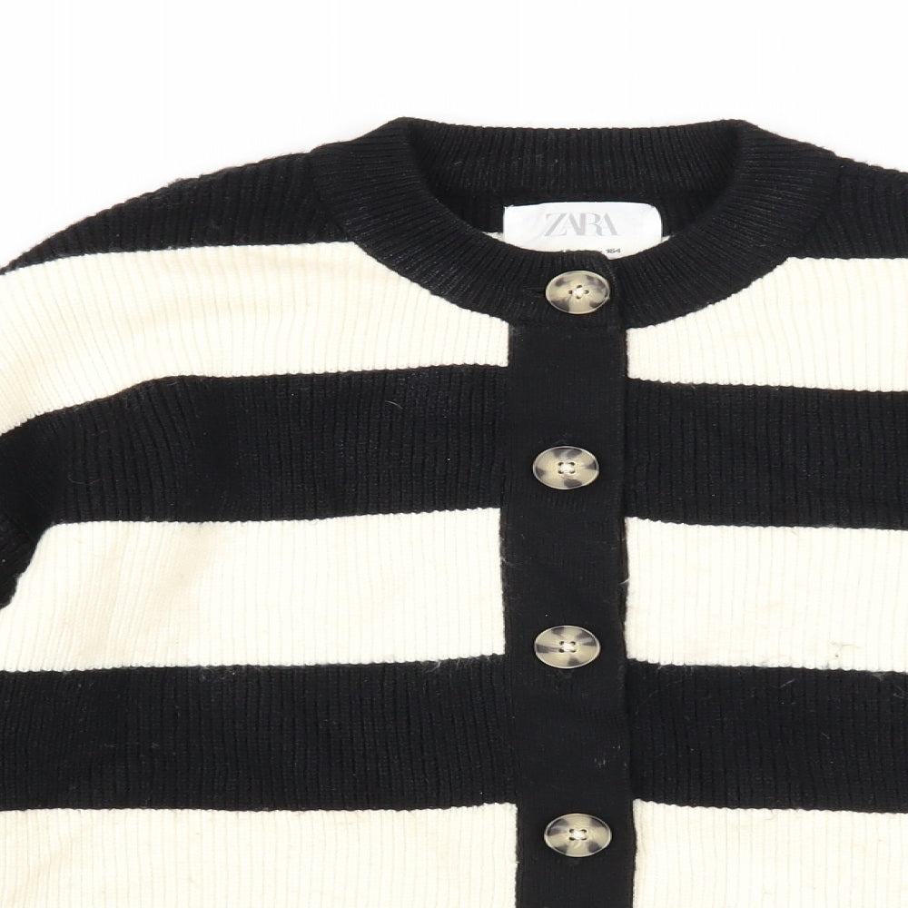 Zara Girls Black Round Neck Striped Viscose Cardigan Jumper Size 13-14 Years Button