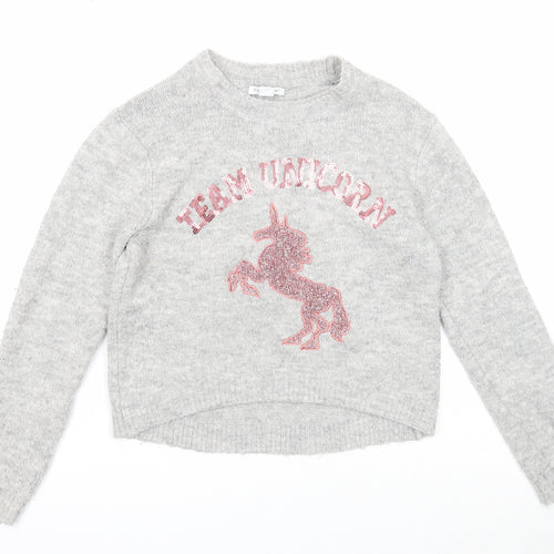 Primark Girls Grey Round Neck Acrylic Pullover Jumper Size 11-12 Years Pullover - Unicorn