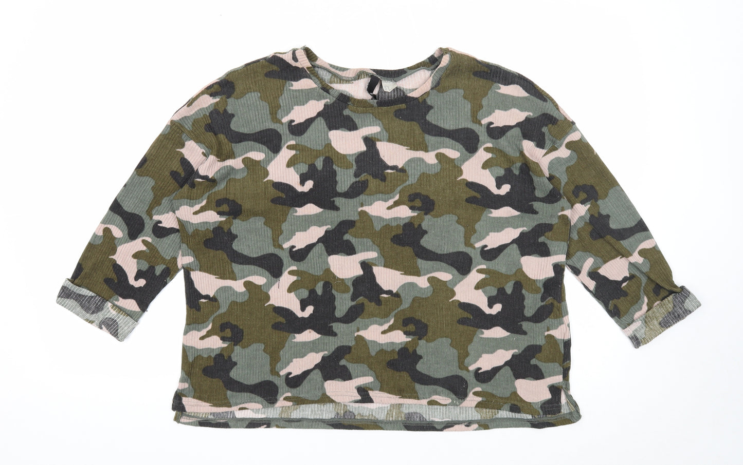 Divided Womens Green Scoop Neck Camouflage Polyester Pullover Jumper Size M - Ribbed