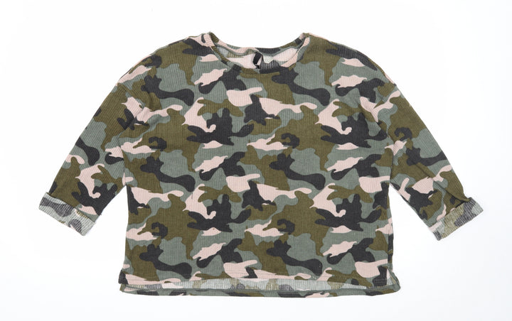 Divided Womens Green Scoop Neck Camouflage Polyester Pullover Jumper Size M - Ribbed
