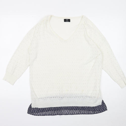 F&F Womens White V-Neck Polyester Pullover Jumper Size 14 - Chiffon Hem