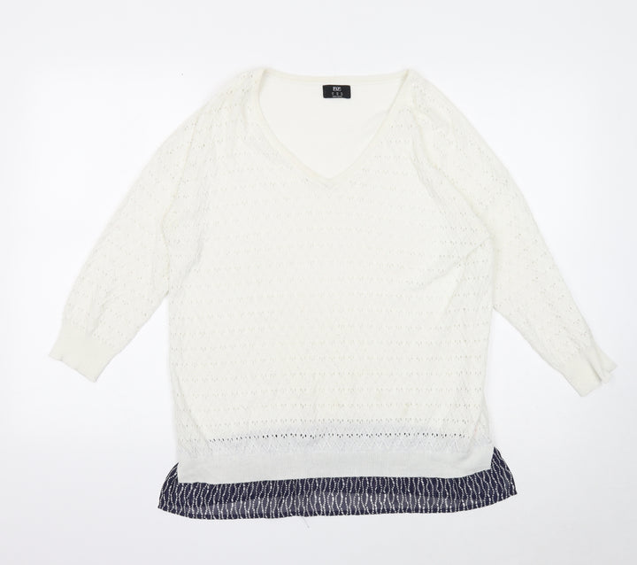 F&F Womens White V-Neck Polyester Pullover Jumper Size 14 - Chiffon Hem