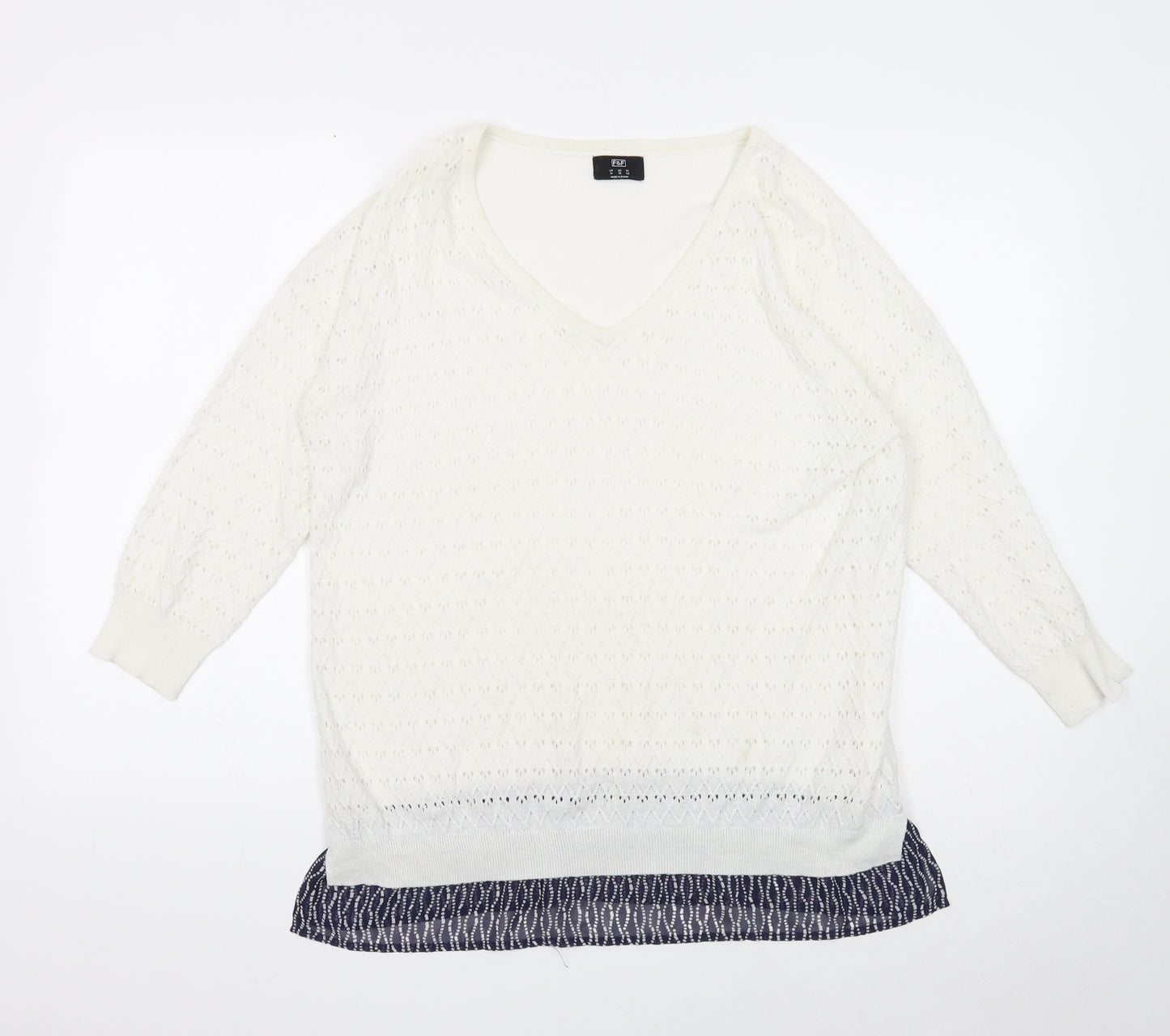 F&F Womens White V-Neck Polyester Pullover Jumper Size 14 - Chiffon Hem