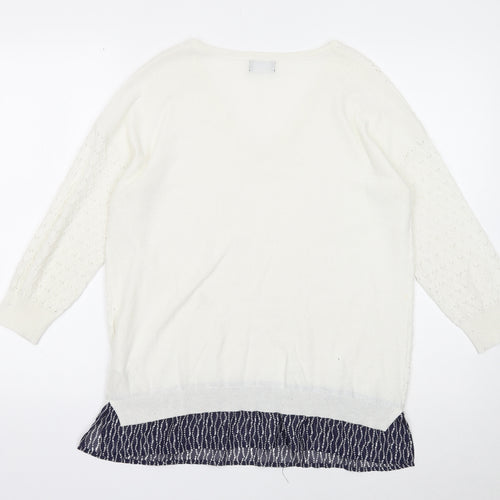 F&F Womens White V-Neck Polyester Pullover Jumper Size 14 - Chiffon Hem