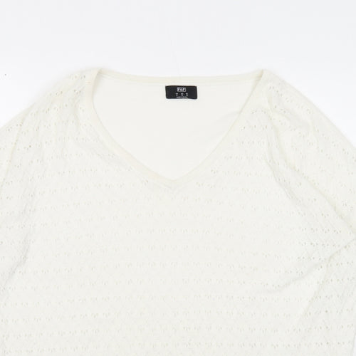 F&F Womens White V-Neck Polyester Pullover Jumper Size 14 - Chiffon Hem