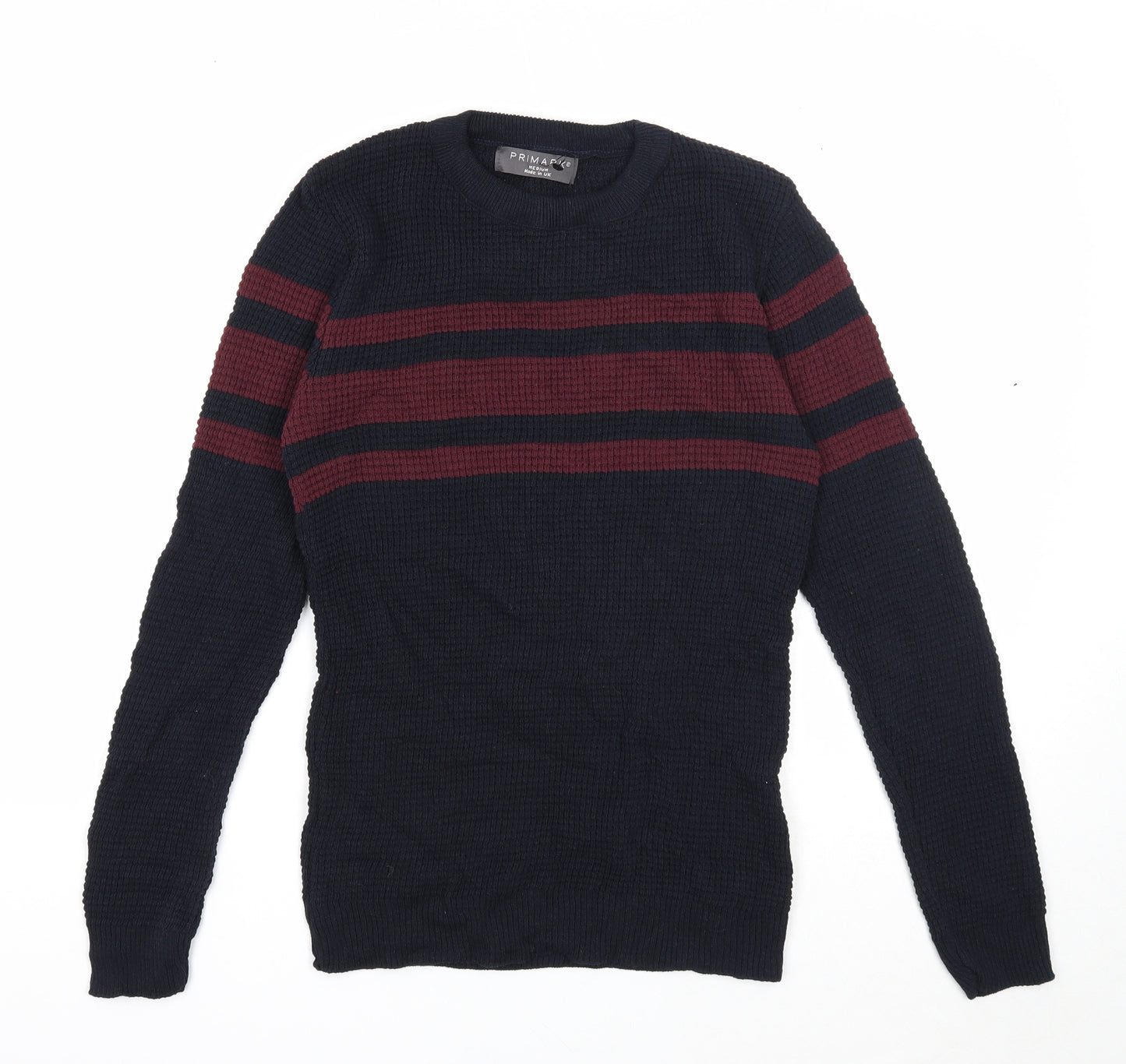 Primark Mens Black Round Neck Striped Acrylic Pullover Jumper Size M