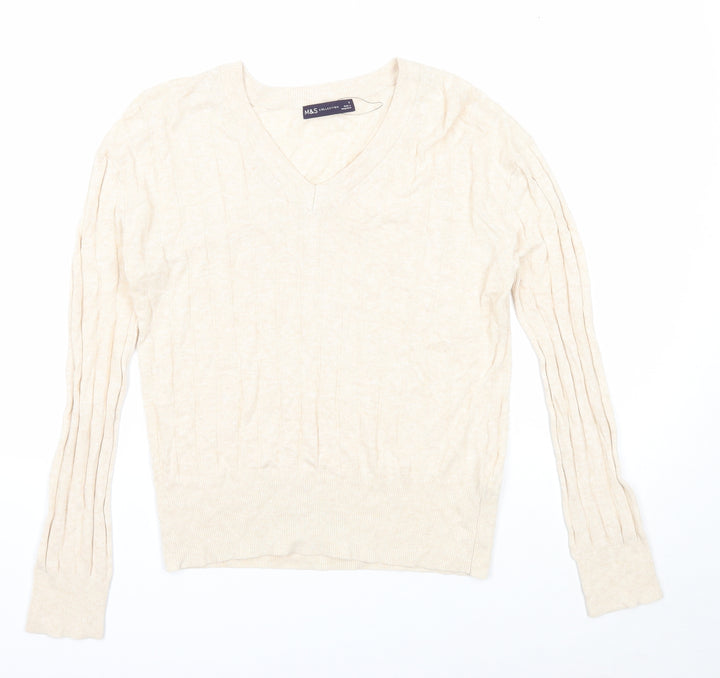 Marks and Spencer Womens Beige V-Neck Viscose Pullover Jumper Size S