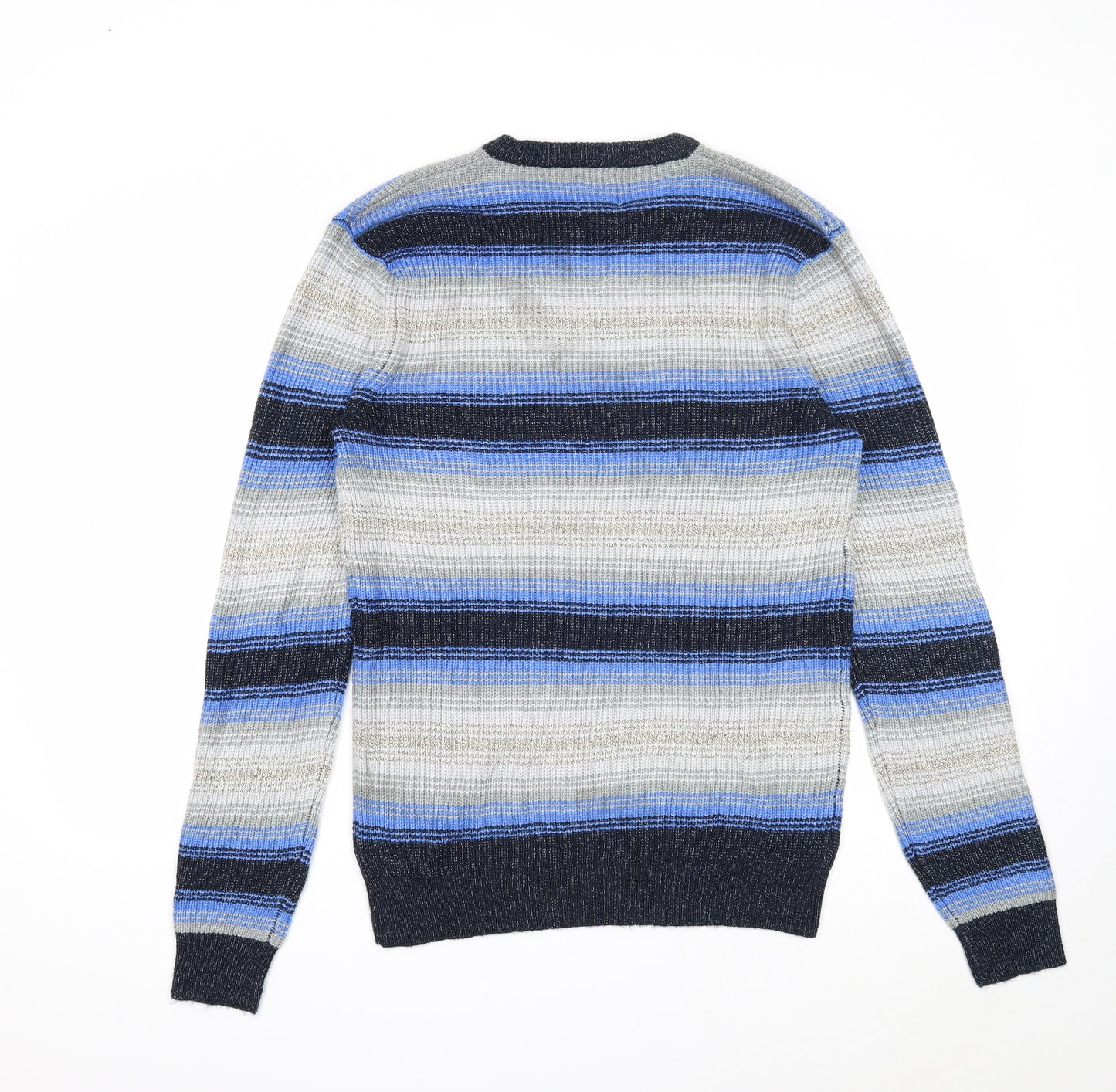 Marks and Spencer Mens Blue Round Neck Striped Acrylic Pullover Jumper Size M