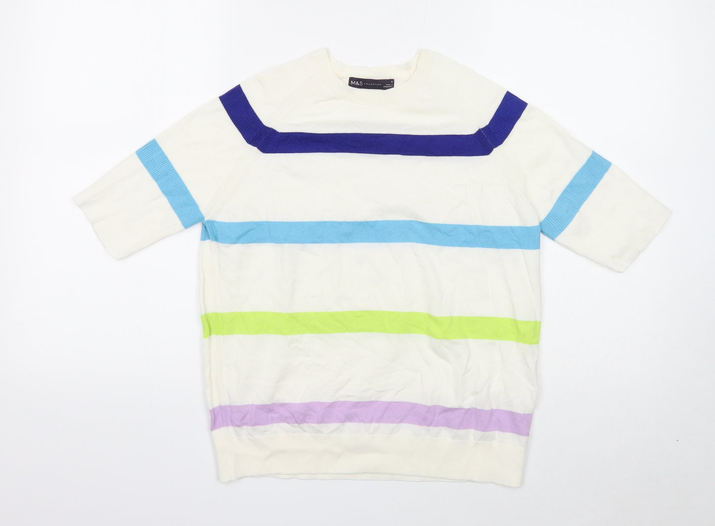Marks and Spencer Womens Ivory Round Neck Striped Cotton Pullover Jumper Size M
