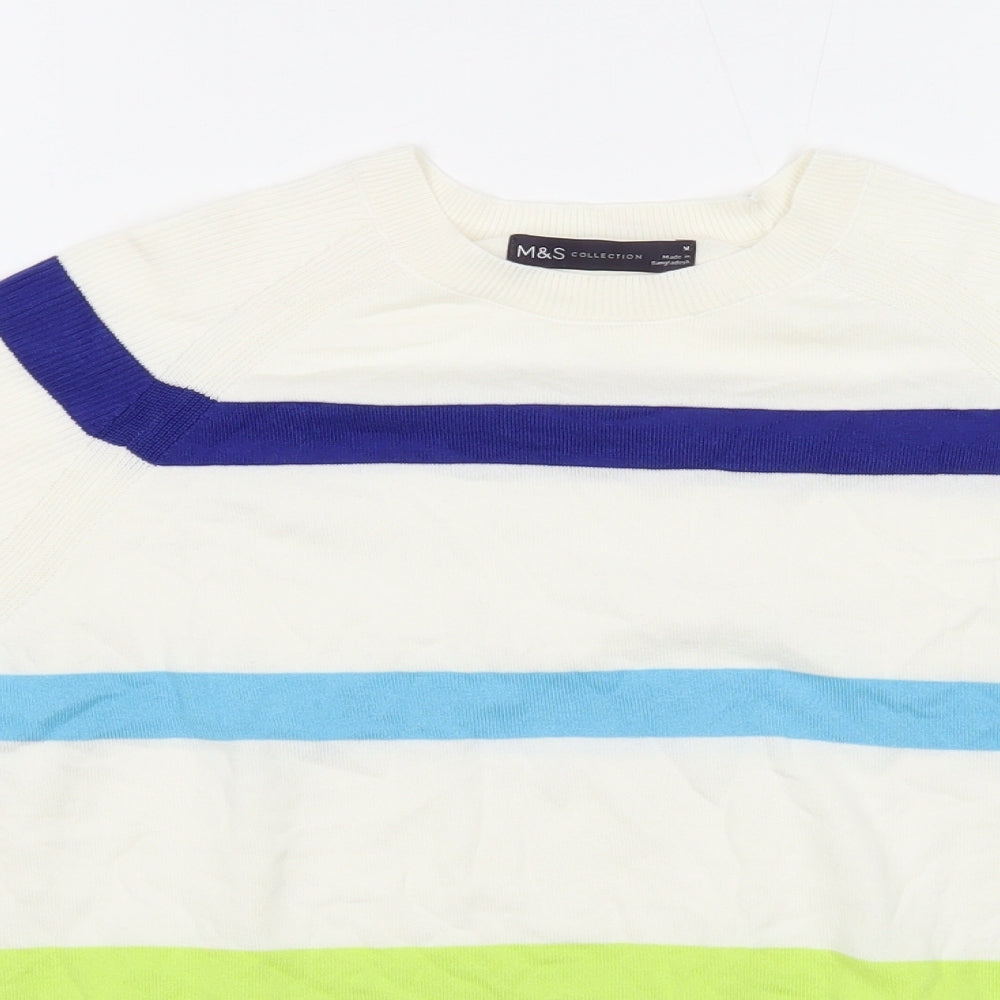 Marks and Spencer Womens Ivory Round Neck Striped Cotton Pullover Jumper Size M