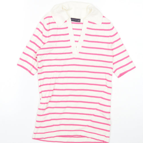 Marks and Spencer Womens White Collared Striped Cotton Pullover Jumper Size S