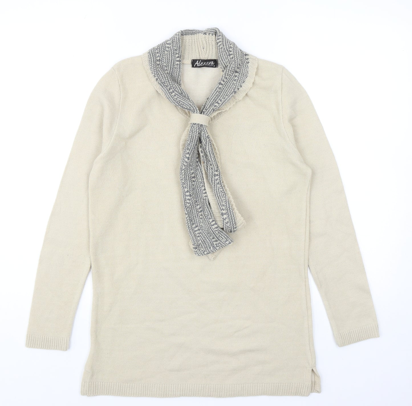 Alexara Womens Beige Round Neck Acrylic Pullover Jumper Size M - Scarf Neck Detail